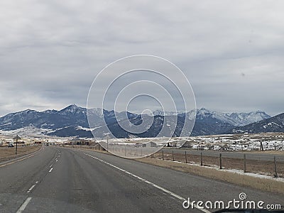 Driving Landscape Wyoming Stock Photo