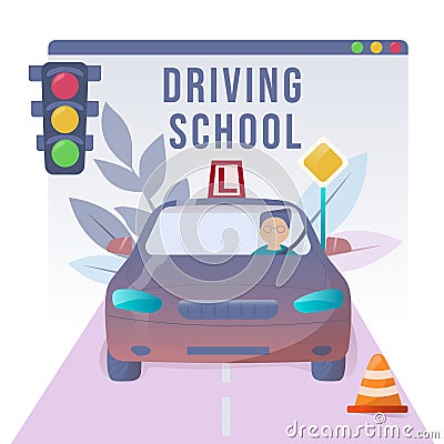 Driving lesson. People studying in driving school and passing exams. Traffic rules. Road signs. Education and drive Vector Illustration