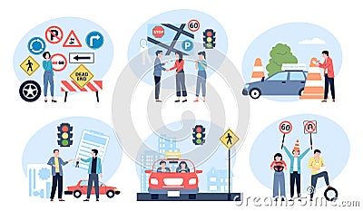 Driving lessons at school. People study drive rules and signs, giving license and prepare to examinations. New drivers Vector Illustration