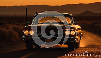 Driving an old fashioned car, off road, in the sunset generated by AI Stock Photo