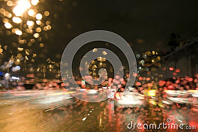 Driving in the rain on freeway at night Stock Photo