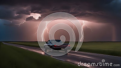 driving in the rain He was driving on the road, heading home after a long day. He saw the supercell thunderstorm looming Stock Photo