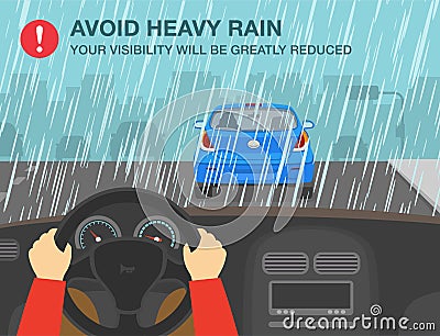 Driving on a rainy and slippery road. Avoid heavy rain, your visibility will be greatly reduced. Hands driving steering wheel. Vector Illustration