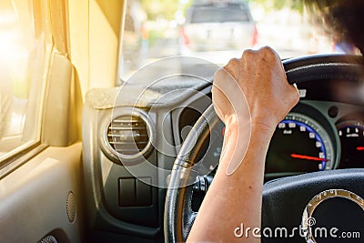 Driving on road trips and traffic for safety Stock Photo