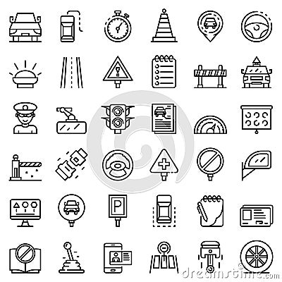 Driving school icons set, outline style Vector Illustration