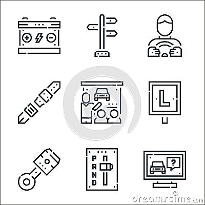 driving school line icons. linear set. quality vector line set such as computer test, automatic transmission, piston, learner, Vector Illustration