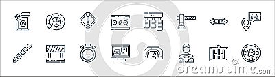 driving school line icons. linear set. quality vector line set such as steering wheel, driver, computer test, seatbelt, indicators Vector Illustration
