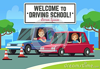 Driving school vector background with young happy driver in cars on road Vector Illustration