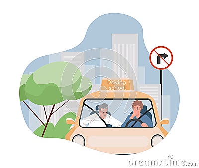 Driving school vector flat illustration. Student practicing and learning traffic rules for passing exams for driver Vector Illustration