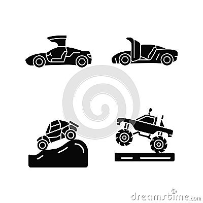 Driving specially-modified vehicles black glyph icons set on white space Vector Illustration