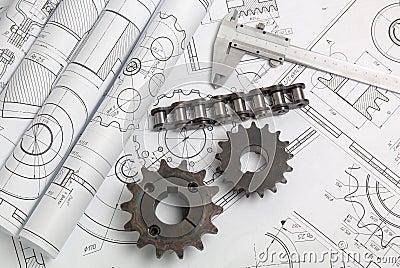 Driving sprockets, chain and engineering drawings Stock Photo