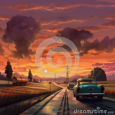 Driving into the sunset surrealism art style, travel, destination scenics Cartoon Illustration