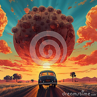 Driving into the sunset surrealism art style, travel, destination scenics Cartoon Illustration