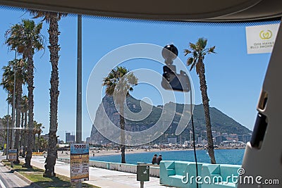 Driving towards Gibraltar rock, view from a motorhome windscreen, Editorial Stock Photo