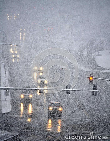 Driving in Winter Storm with Blizzard Snow Stock Photo