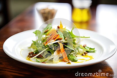 drizzled vinaigrette over roasted squash, mixed lettuce, pine nuts, shaved carrots Stock Photo