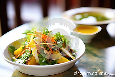 drizzled vinaigrette over roasted squash, mixed lettuce, pine nuts, shaved carrots Stock Photo