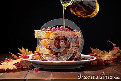 drizzling maple syrup over a stack of french toast Stock Photo