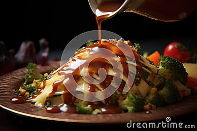 drizzling sauce over a dish, close-up Stock Photo