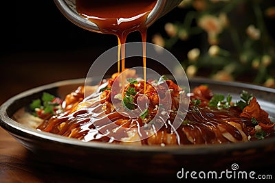 drizzling sauce over a dish, close-up Stock Photo