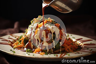 drizzling sauce over a dish, close-up Stock Photo