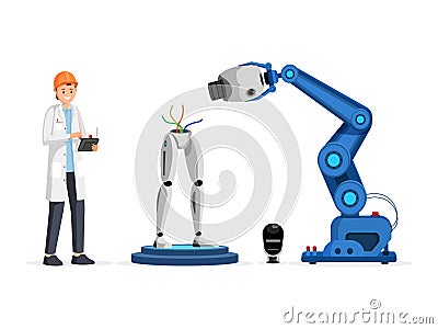 Droid engineering process flat vector illustration. Smiling scientist in hard hat holding controller device cartoon Vector Illustration