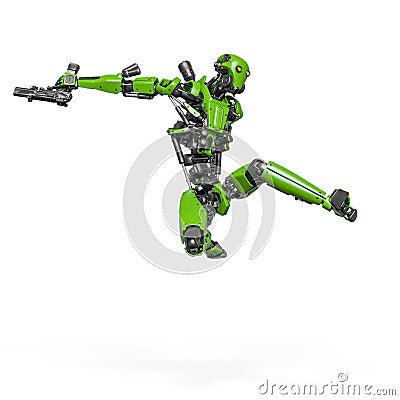 droid soldier is jumping fast in action and holding a pistol Cartoon Illustration