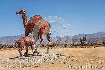 Dromedary with calf statue, Borrego Springs, CA, USA Editorial Stock Photo