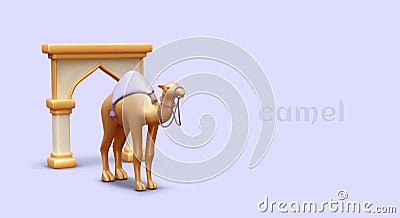 Dromedary near Arabian Golden Arch. Color banner with place for text Vector Illustration