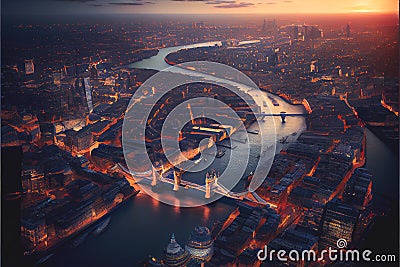 Drone aerial London city UK at sunset Stock Photo