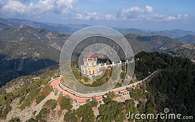 Drone aerial of throni of Panagia Kykkou temple landmark in Cyprus Europe. Stock Photo