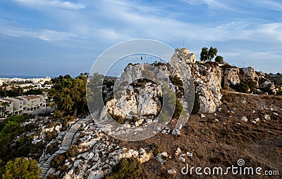 Drone aerial top view of christian church saint profitis elias on the rock. Protaras area Cyprus Stock Photo