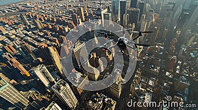 Drone Aerial View of City With Small Plane Flying Stock Photo