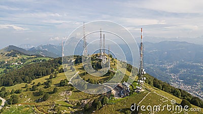 Drone aerial view of a group of towers for telecommunications, television broadcast, cellphone, radio and satellite Stock Photo