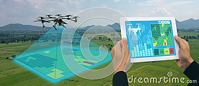 Drone for agriculture, drone use for various fields like research analysis, safety,rescue, terrain scanning technology, monitoring Stock Photo