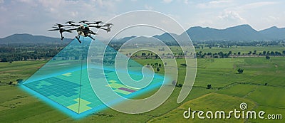 Drone for agriculture, drone use for various fields like research analysis, safety,rescue, terrain scanning technology, monitoring Stock Photo