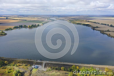 Drone arial view Ukrainian open spaces, dam on the river Stock Photo