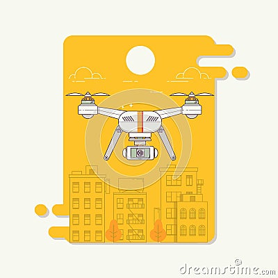 Drone and camera taking photography and video on city background.Transport concept of drones. Vector Illustration