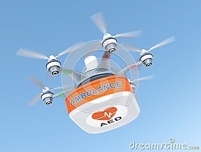 Drone carrying AED kit for emergency medical care concept Stock Photo