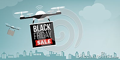 Drone carrying a black friday sale advertisement banner Vector Illustration