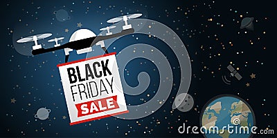 Drone carrying a black friday sale advertisement banner Vector Illustration