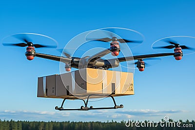 A drone carrying a box. A transport drone transports cargo and shipments to customers. Industrial drone air transport Stock Photo