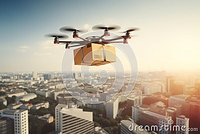 Drone carrying a cardboard box. Unmanned aircraft robot delivering a parcel. City in a background Stock Photo