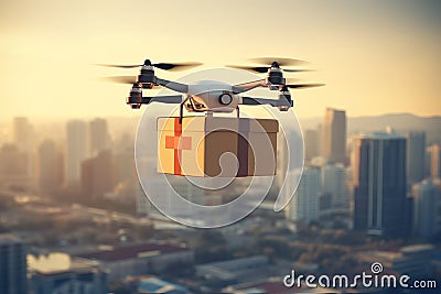 Drone carrying a cardboard box. Unmanned aircraft robot delivering a parcel. City in a background Stock Photo