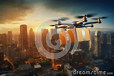 Drone carrying a cardboard box. Unmanned aircraft robot delivering a parcel. City in a background Stock Photo