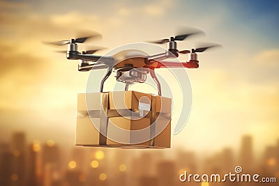 Drone carrying a cardboard box. Unmanned aircraft robot delivering a parcel. City in a background Stock Photo