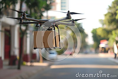 Drone carrying a cardboard box. Unmanned aircraft robot delivering a parcel. City in a background Stock Photo