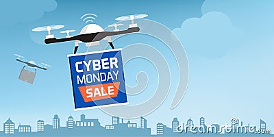Drone carrying a cyber monday advertisement banner Vector Illustration