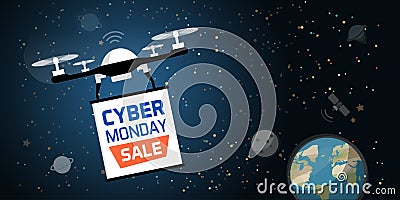 Drone carrying a cyber monday advertisement banner Vector Illustration