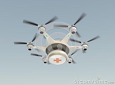 Drone carrying first aid kit in the sky Stock Photo